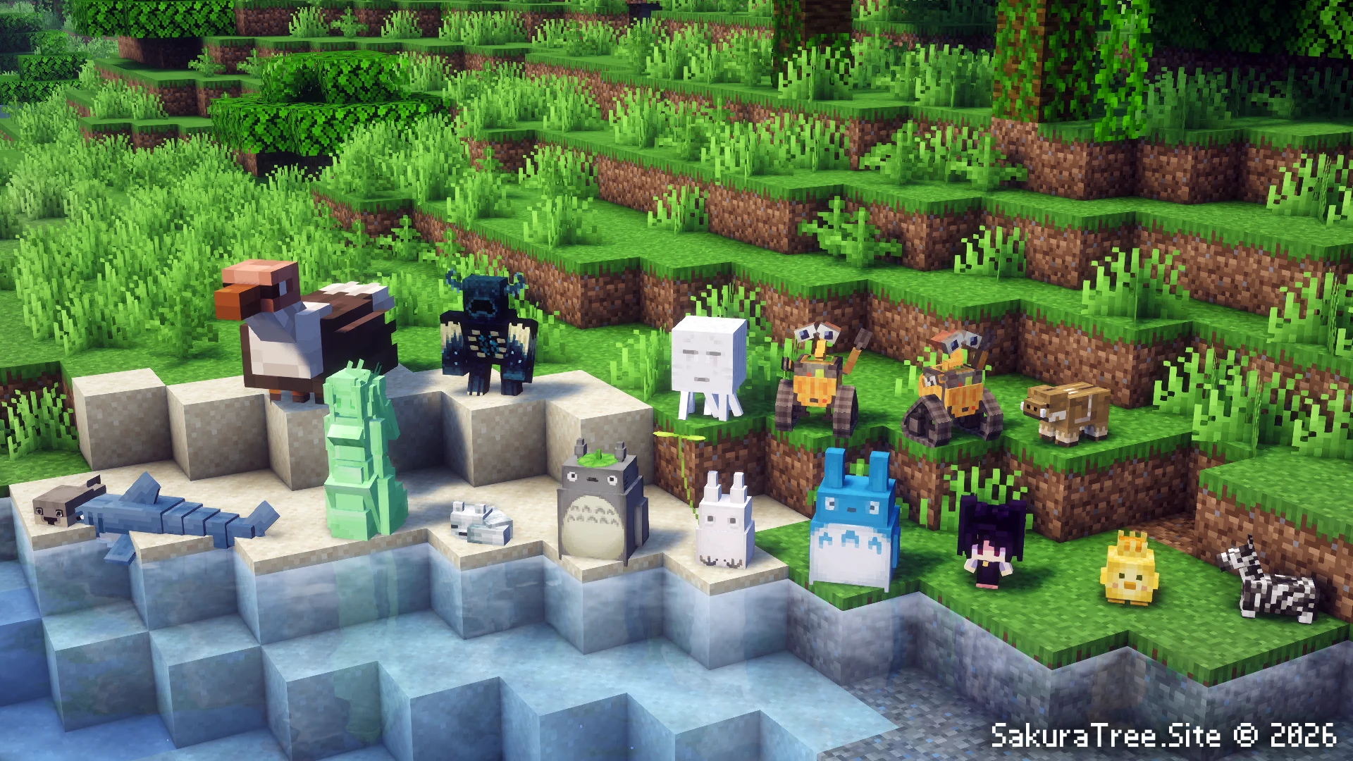 Minecraft 方块世界里,龙猫、苦力怕和更多小伙伴齐聚河岸